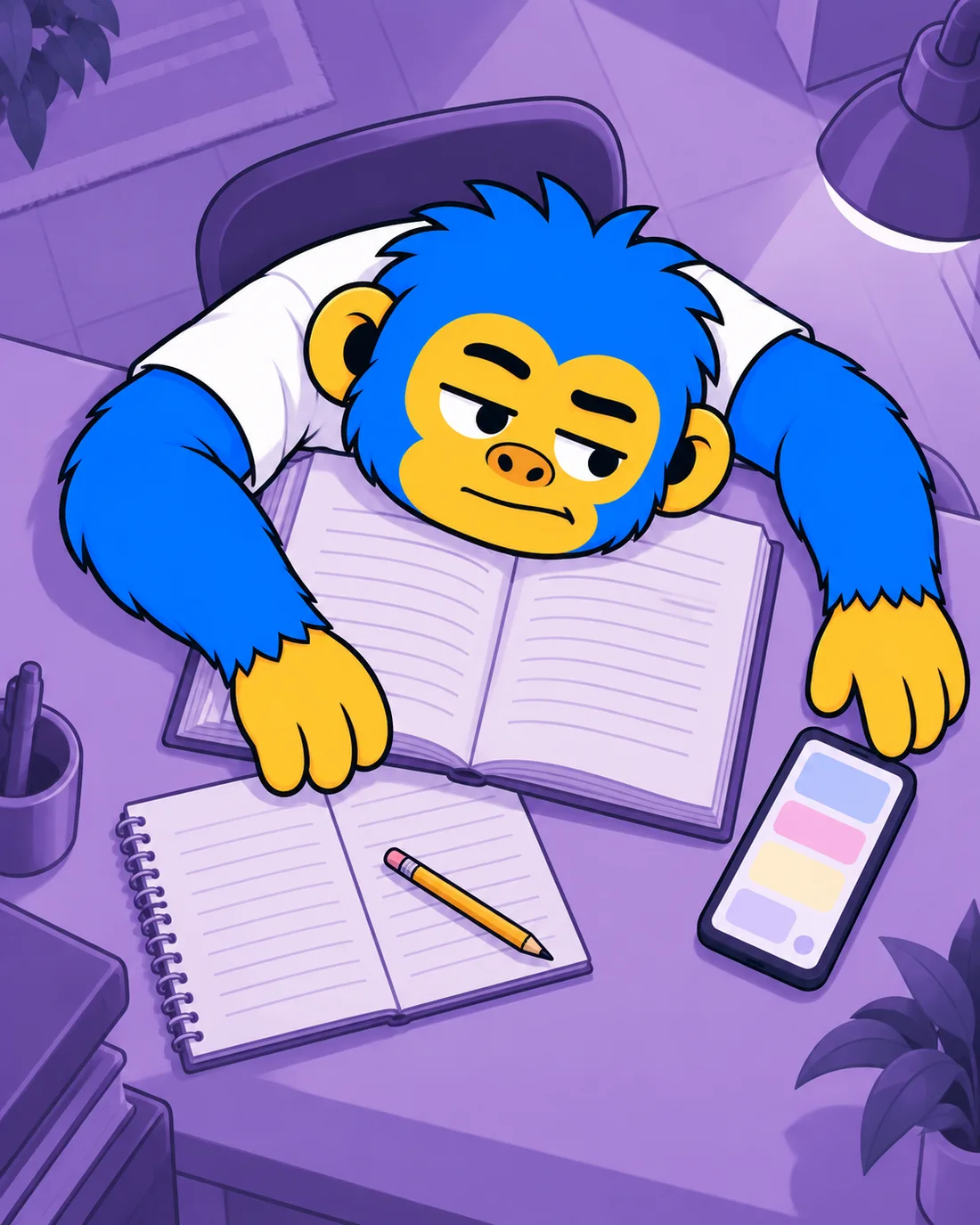 Jeff debruçado sobre o livro aberto, de olho no celular ao lado