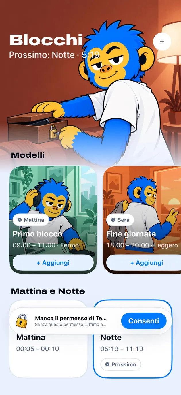 La schermata Blocchi di Offimo con orari pronti per la mattina e la fine della giornata