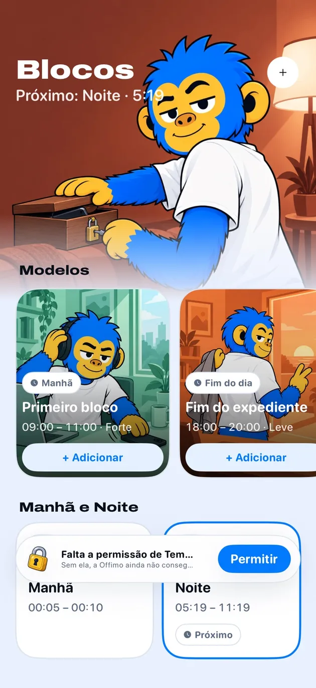 Tela de Blocos da Offimo com horários prontos para a manhã e o fim do expediente