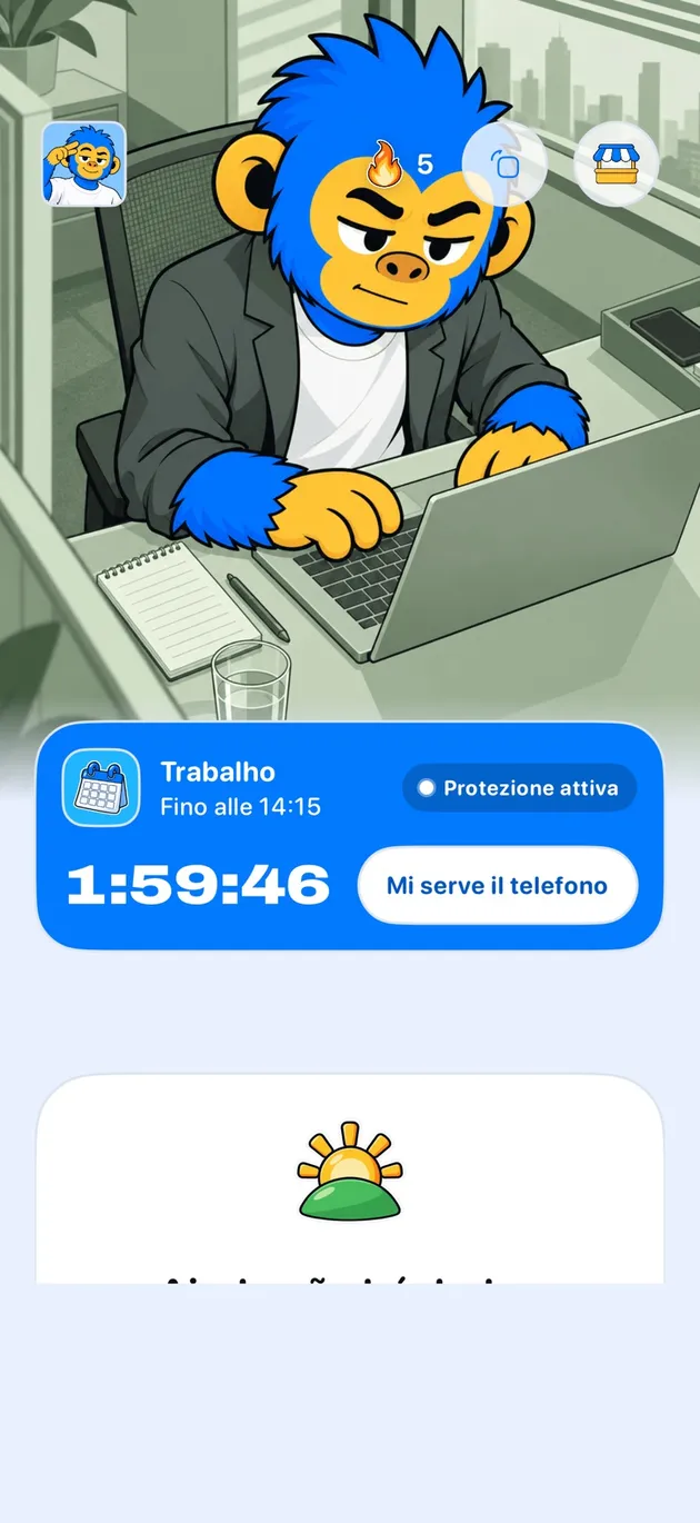 La schermata Home di Offimo con il blocco di lavoro protetto e il conto alla rovescia