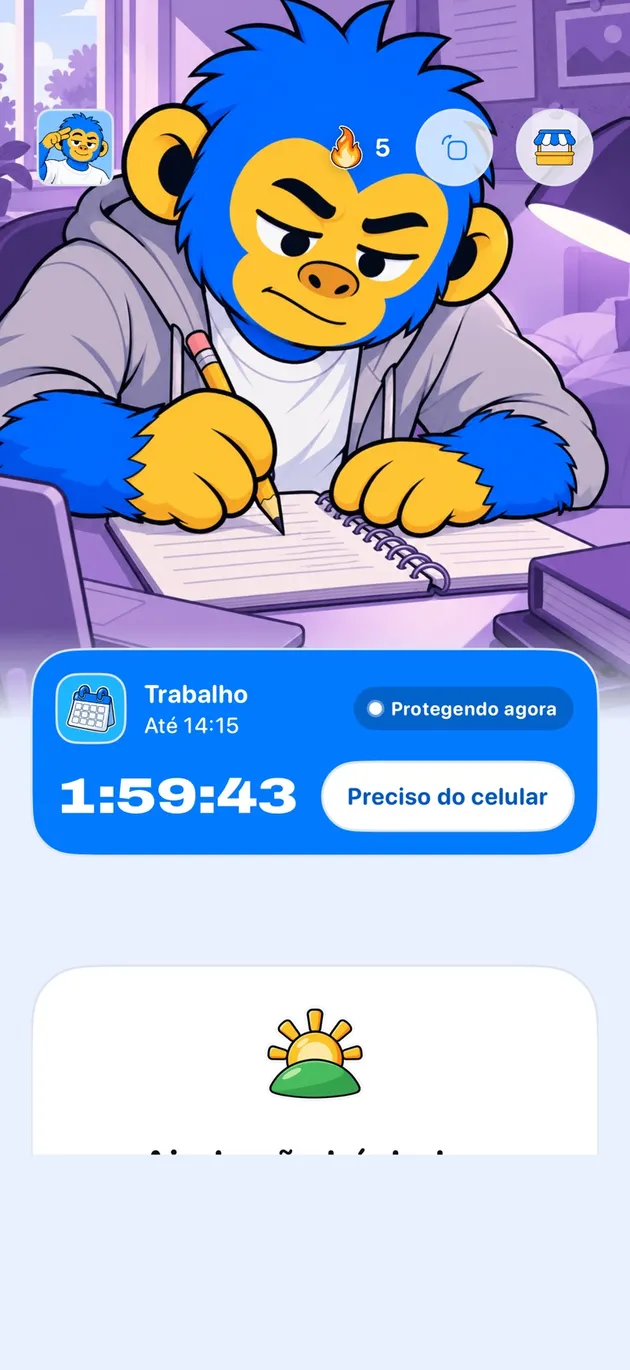 Um dia na tela inicial da Offimo, com o Jeff estudando e o bloco protegido em contagem regressiva